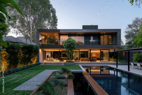 a modern house with a large garden, flower garden, and trees © Kien