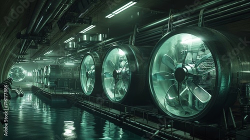 An underwater shot of a submarines engine room with the cooling flow visible as large fans work to circulate air and prevent overheating in the confined space
