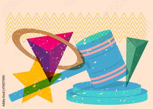 Risograph Gavel with geometric shapes. Objects in trendy riso graph print texture style design with geometry elements.