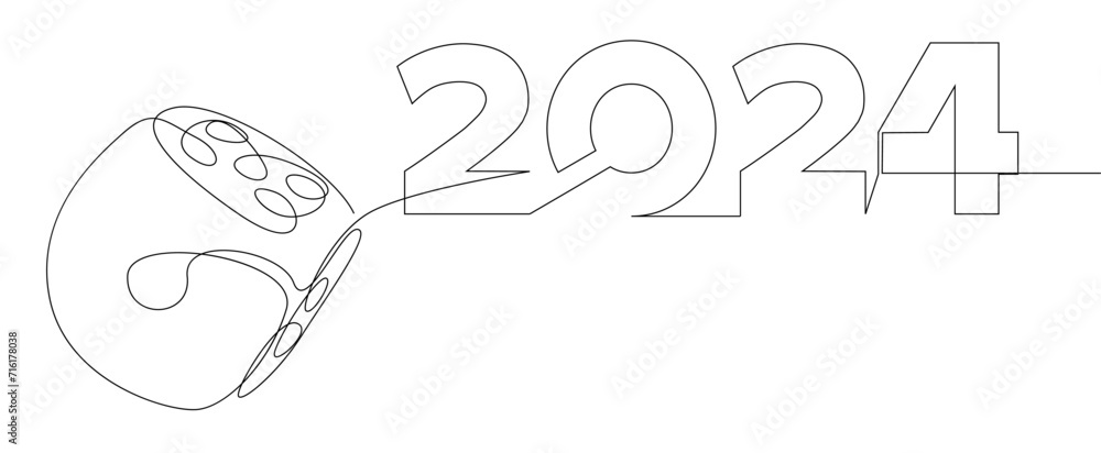 One continuous line of dice with number 2024. Thin Line Illustration vector concept. Contour Drawing Creative ideas.