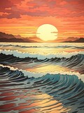 Retro Dawn: Captivating Beach Vibes with Early Morning Waves - A Pixelated Delight