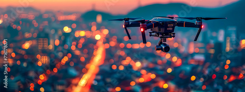 A drone hovers above a city at dusk, its camera poised to capture the twinkling lights below, symbolizing the blend of technology and urban life.