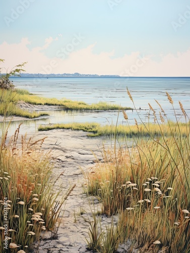 Rich Wetland Ecosystems: Marsh Meets the Sea - A Serene Beach Scene Painting