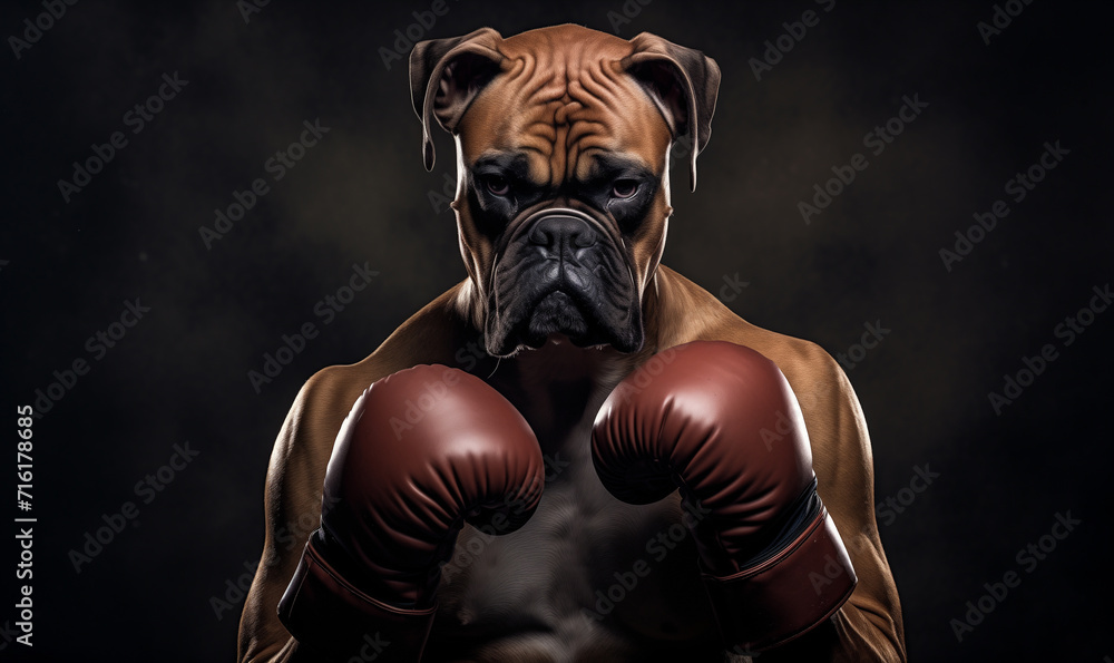 Muscular dog wearing boxing gloves before a fight against black background