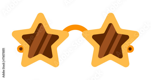 Star shaped sunglasses, vector icon. Colorful yellow glasses with reflections, 60s and 70s style. Trendy accessory for disco party, carnival. Funny plastic glasses for children. Flat cartoon clipart