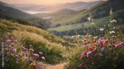 Path among flower meadows. Landscape of a meadow with wild flowers and hills in the distance. photo