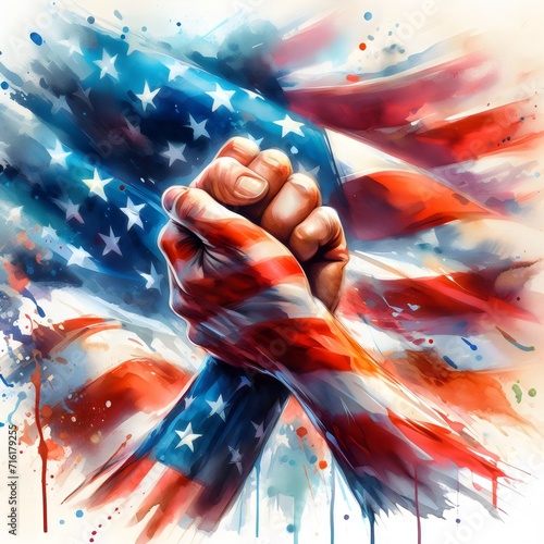 American flag with clenched fist. Grunge illustration. National Freedom Day. freedom, nation, americal flag, and memorial day concept. photo