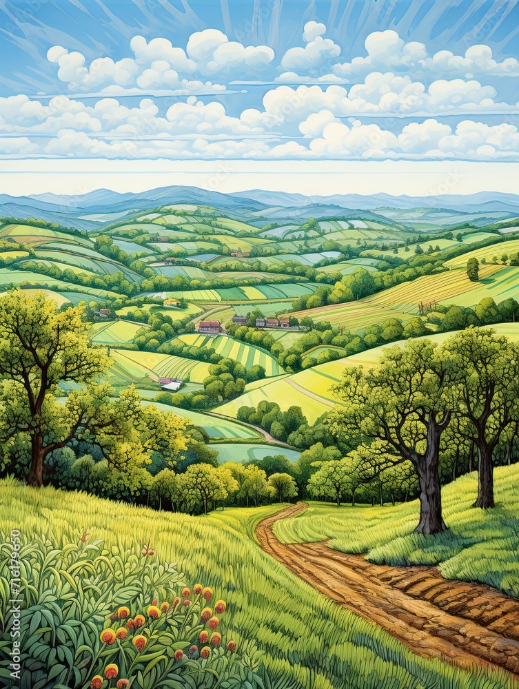 Obraz premium Rolling Countryside Hills: Artistic Tree Line Bouquet Accentuating Hilly Horizons.