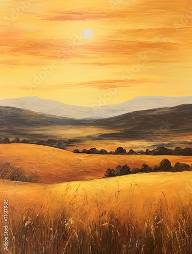 Golden Hues: Rolling Countryside Hills Sunset Painting
