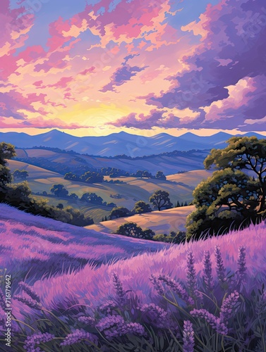 Rolling Countryside Hills  Lavender-Hued Twilight Landscape beneath the Skyfabulous