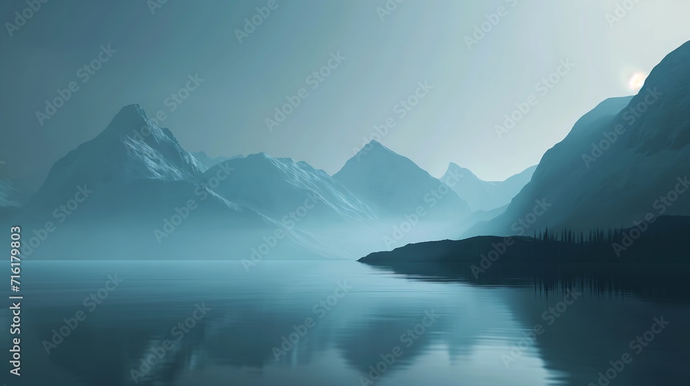 boat floating deep near mountains transparent fractal pale blue fog ratio young antarctic morning fjord - obrazy, fototapety, plakaty 