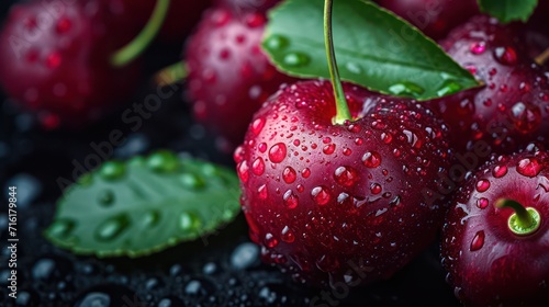 Photograph featuring luscious red cherries covered in water droplets, creating a refreshing visual appeal with a minimalistic composition and significant copy space