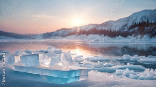 Ice podium on a frozen lake in the forest in winter. Ice podium for the presentation of a refreshing and tonic product 