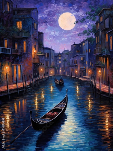 Romantic Venetian Canals Nature Artwork: Twilight Gondola Ride in Exquisite Landscape © Michael