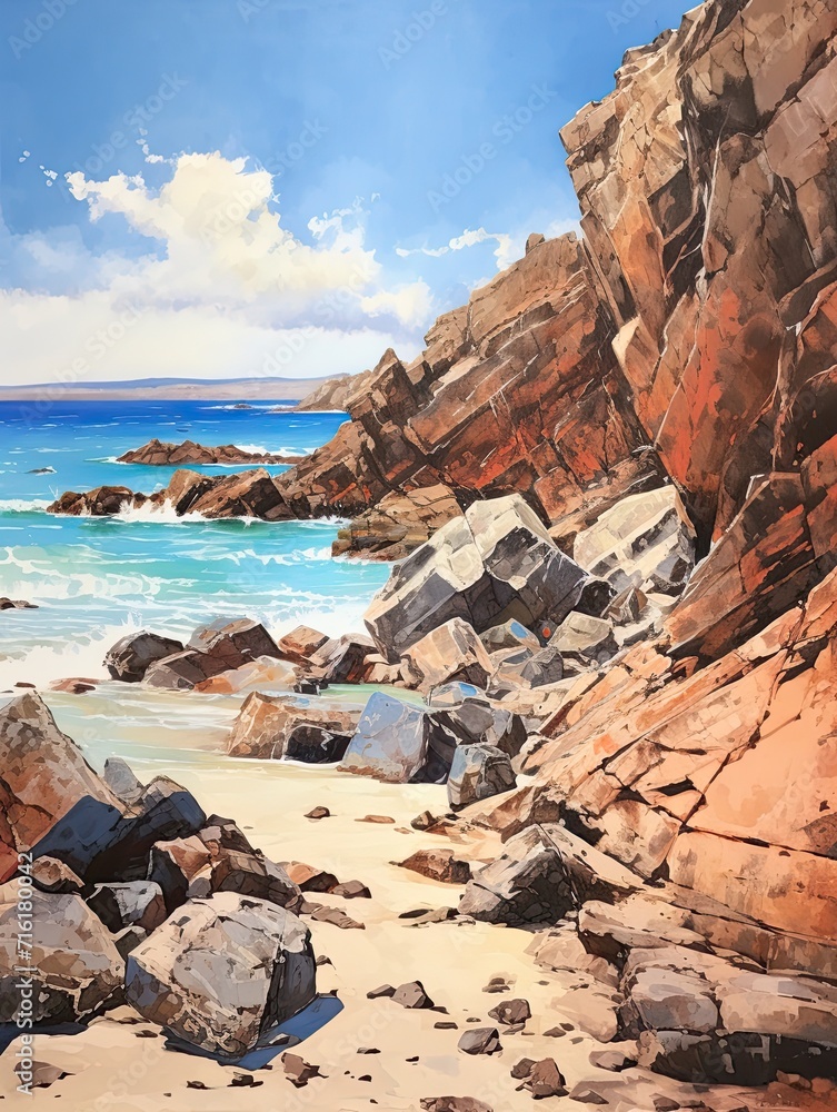 Rugged Rock Outcrops: Majestic Rocky Shores, Oceanic Cliffs, Tranquil Beach Scene Rugged Rock Outcrops: Majestic Rocky Shores, Oceanic Cliffs, Tranquil Beach Scene
