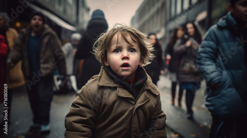 Wide-Eyed Toddler in a Brown Jacket Looking Upward with Awe on a Busy Urban Street