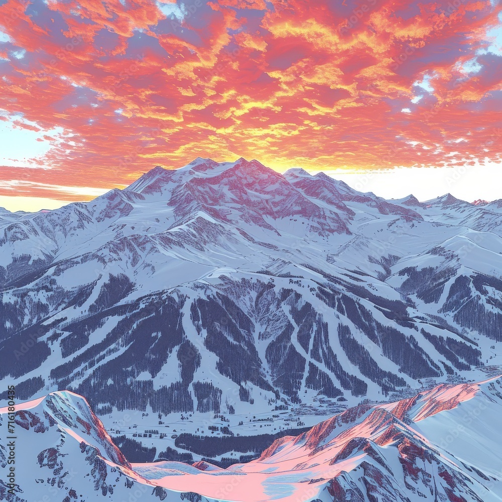 Fiery Sky Over Digital Art Mountains at Sunset