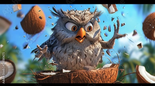 Cartoon scene In the midst of all the chaos a wise old owl perched on a coconut throne attempts to restore order as a coconut catapults through the air narrowl photo