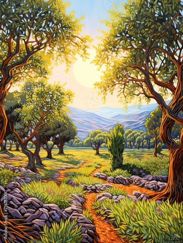 Rustic Olive Groves: Acrylic Landscape Painting of Bright Mediterranean Scenes-Nature Artwork photo