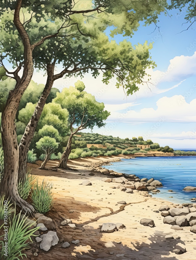 Rustic Olive Groves Island Artwork: Mediterranean Isles Beach Scene Painting