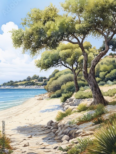 Rustic Olive Groves: Mediterranean Isles Beach Scene Painting © Michael