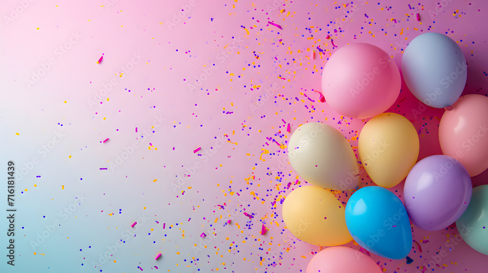 Fototapeta premium A vibrant burst of party supplies fills the air with color and excitement, as a group of balloons and confetti add whimsy to the celebration