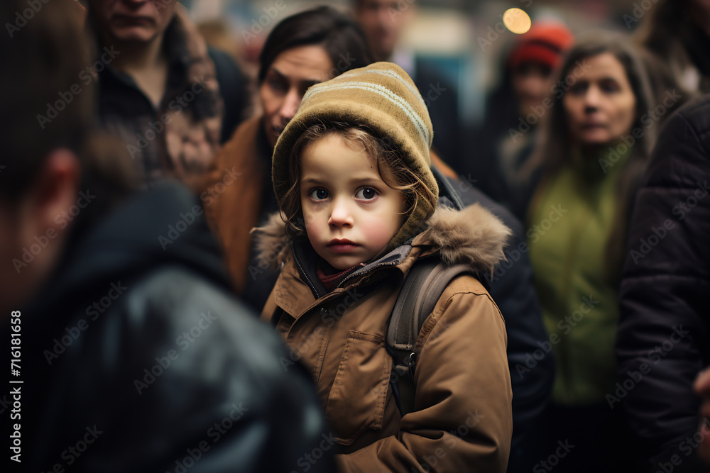 Wide-Eyed Toddler in a Brown Jacket Looking Upward with Awe on a Busy Urban Street Wide-Eyed Toddler in a Brown Jacket Looking Upward with Awe on a Busy Urban Street