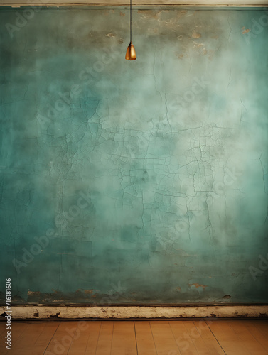 Shabby interior of an empty room with grungy green wall  wooden floor  and copper ceiling lamp. Cracked old surface with peeling paint texture. Architectural background. Copy space.