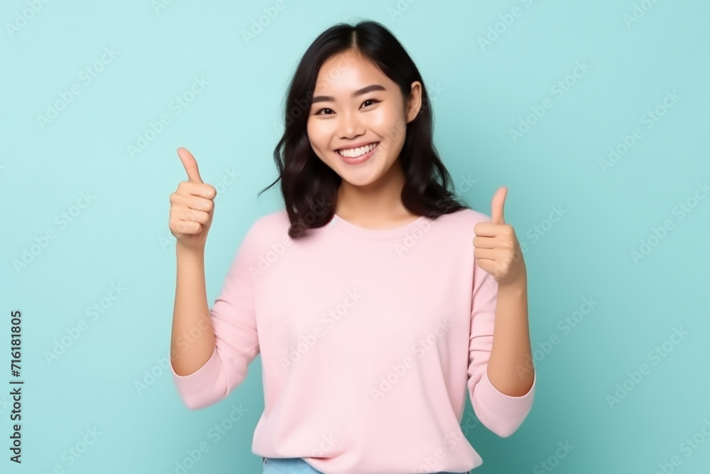woman showing thumbs up sign with generative ai woman showing thumbs up sign with generative ai