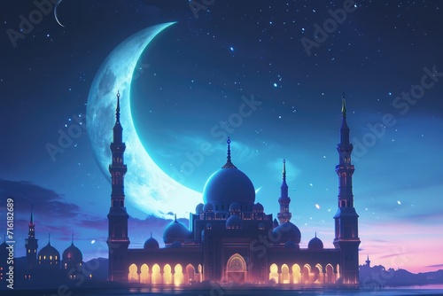 Illustration of a mosque on the background of the night sky with Crescent moon. Eid Mubarak Islamic background