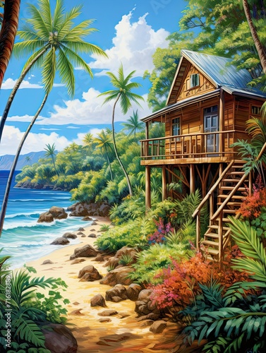 Secluded Mountain Cabins Tropical Beach Art © Michael
