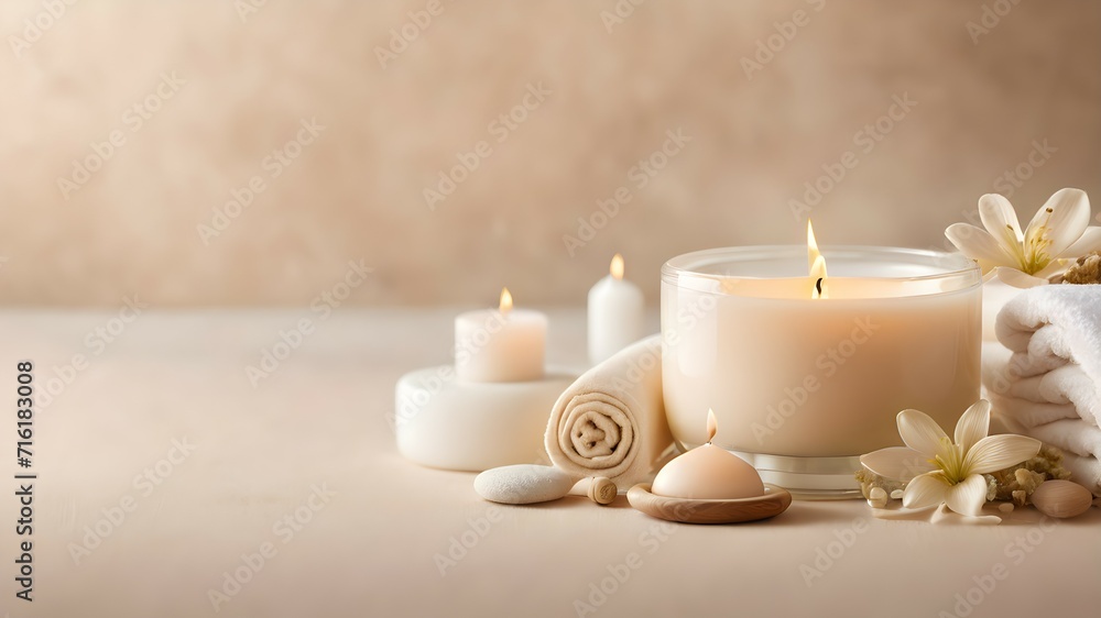 Towel, stones, candles on a beige background with copy space. Beige background for spa presentation. Relaxing mood. Towel, stones, candles on a beige background with copy space. Beige background for spa presentation. Relaxing mood.