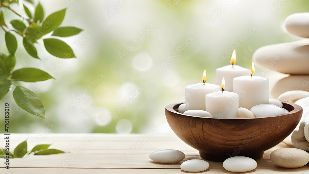 Wooden bowl, candlestick filled with candles and smooth stones on a wooden table with stones on a blurred green background with plants. Natural green and white relaxing background for SPA. 