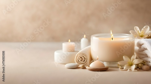 Towel  stones  candles on a beige background with copy space. Beige background for spa presentation. Relaxing mood. 