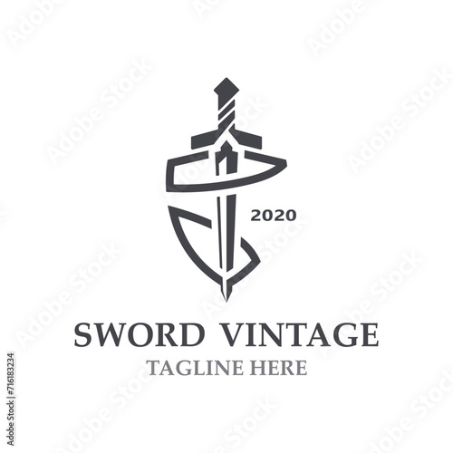 Sword vintage logo design. illustration sword element, can be used as logotype, icon, template coat of arms