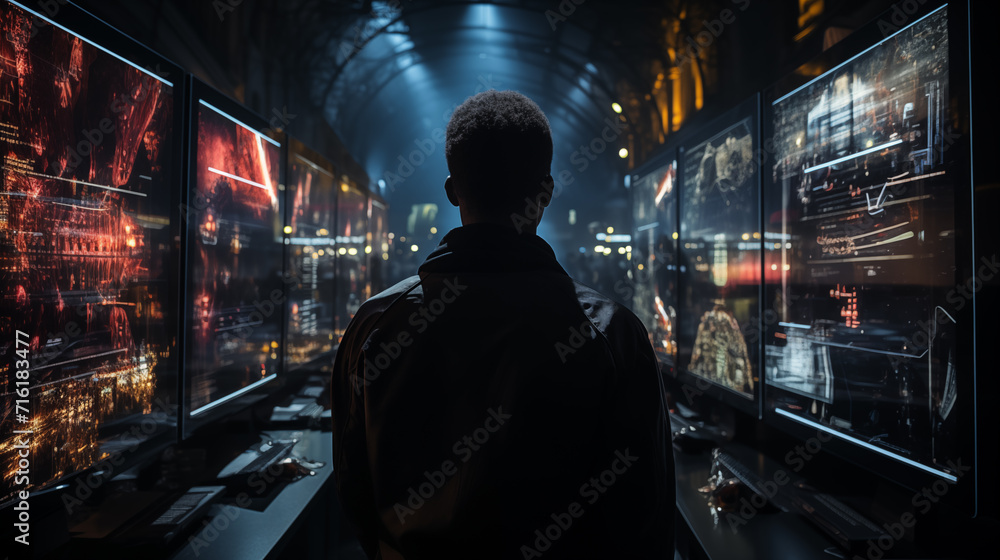 Rear view of a person observing complex data on multiple futuristic digital screens in a dark control room.
