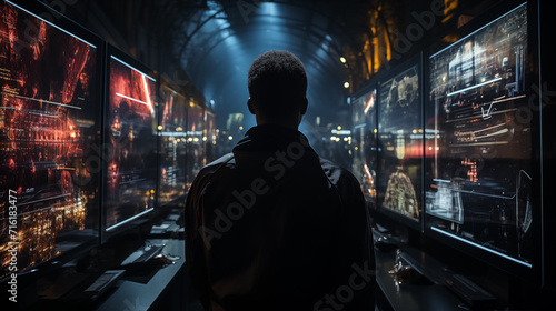 Rear view of a person observing complex data on multiple futuristic digital screens in a dark control room.  © wanchai