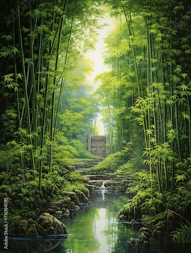 Serene Bamboo Groves  Vintage Landscapes  Green Canopies  and Peaceful Paths