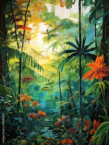 Lush Jungle Dreams  Vibrant Acrylic Serene Rainforest Canopy Overhead Art