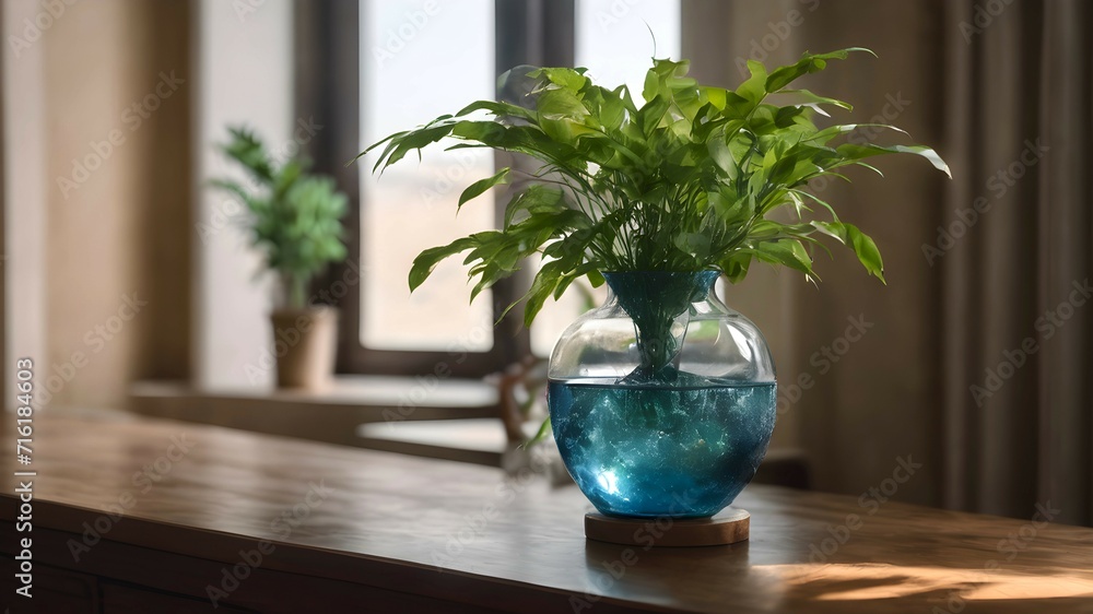 A plant in a glass vase filled with water, the roots of the plant are immersed in water. Transparent vase with plant on wooden table. A plant in a glass vase filled with water, the roots of the plant are immersed in water. Transparent vase with plant on wooden table.