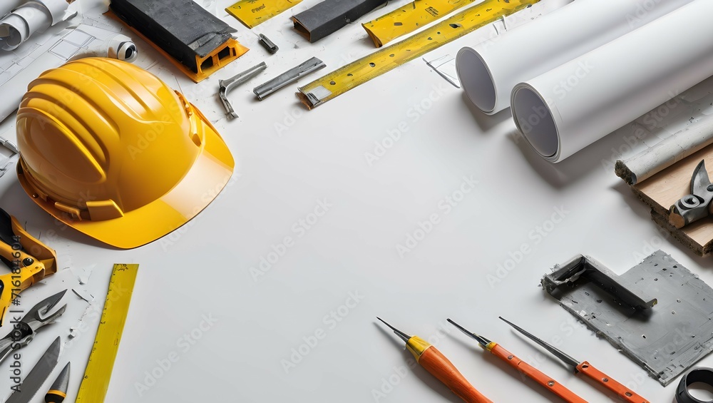 Helmet, ruler, drawing paper and construction tools on a white background with copy space. Construction, engineering background