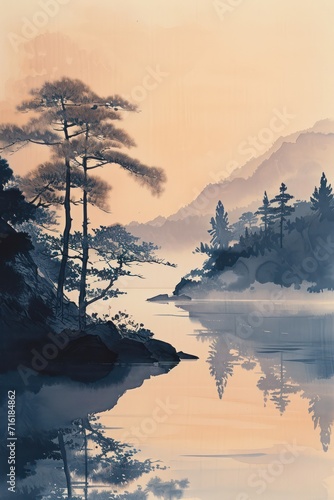 Japanese traditional painting style showcases a tranquil riverbank at dawn with delicate watercolor strokes on silk. © Matthew