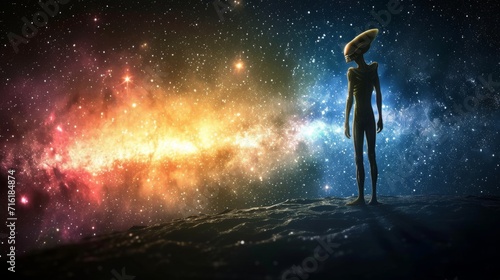 Alien Figure Contemplating Galaxy - Sci-Fi Fantasy Space Illustration