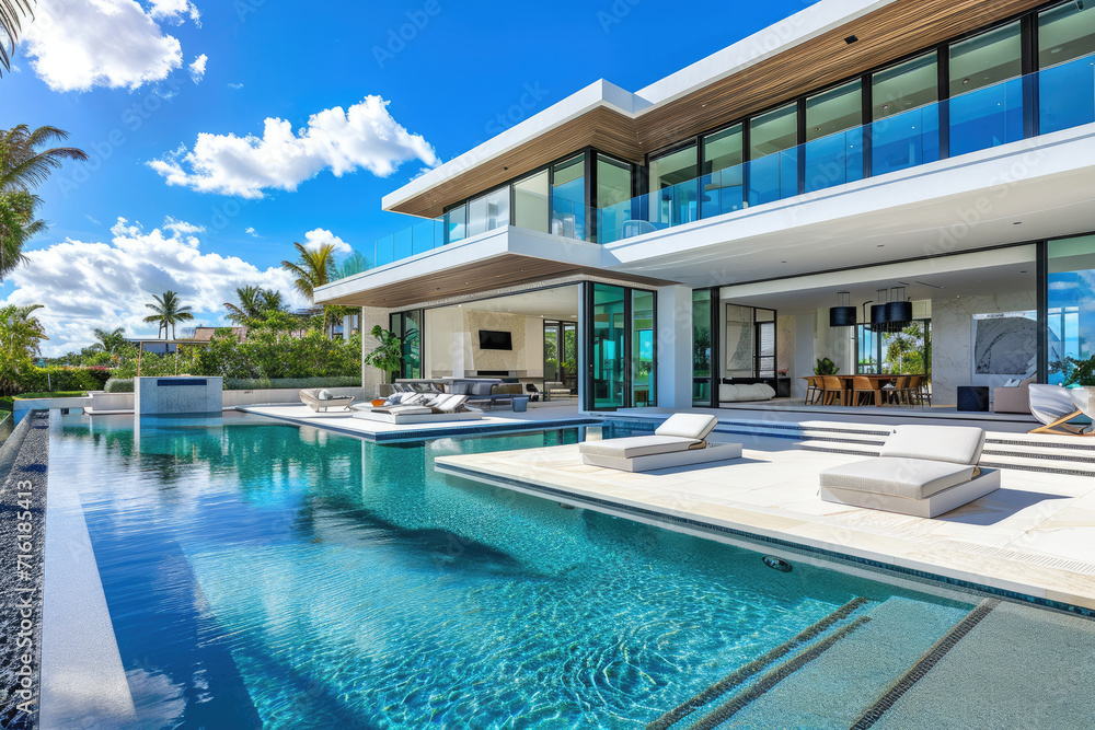 the pool area of a large contemporary home