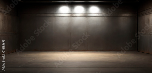 Empty old steel room studio and empty steel stand for products show with lighting or sunlight in the background. Generative ai