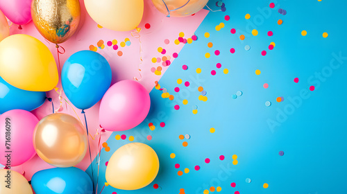 A festive easter celebration with vibrant balloons and confetti against a cheerful blue and pink backdrop