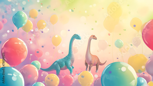 Colorful balloons and two playful toy dinosaurs bring a festive atmosphere to this fun-filled party