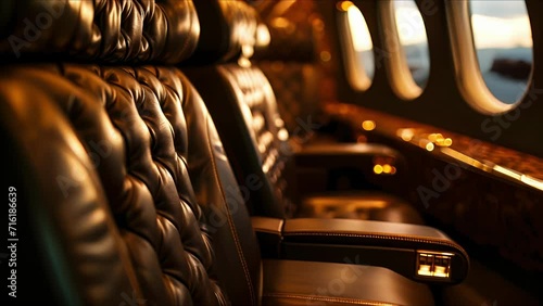 The perfectly coordinated stitching on these leather seats is just one of the many impeccable details that make this private jet a true standout in the world of luxury travel, with a backdrop