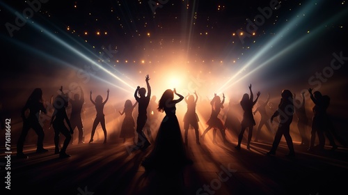 Silhouette of People Dancing on A Dance Floor with Spotlights. Party, Celebration, Crowd, Event 
