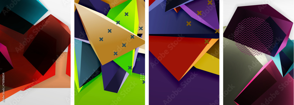 Trendy low poly 3d triangle shapes and other geometric elements background designs for wallpaper, business card, cover, poster, banner, brochure, header, website